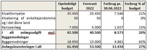 Tabel med fordeling af anlægsinvesteringer